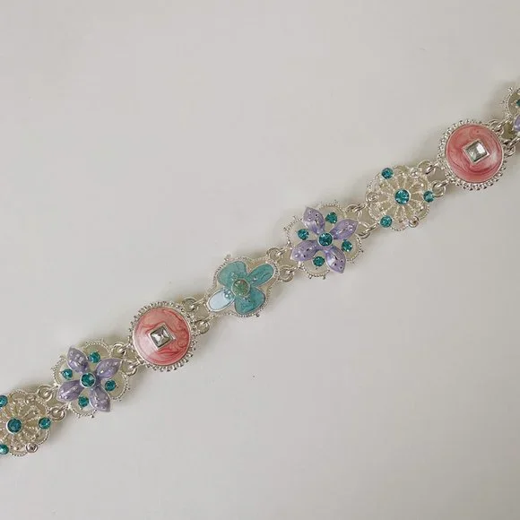 Napier Silver Tone Pastel Pink Blue Enamel Rhinestone Art Deco Chain Bracelet - Picture 5 of 9